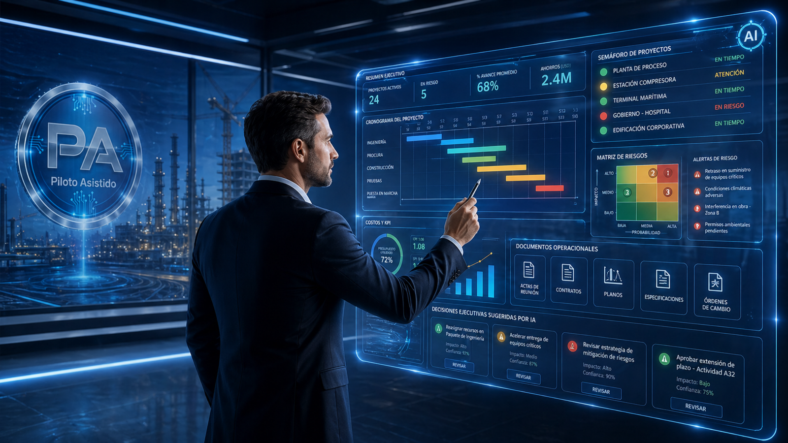 Consultor revisando dashboard de gestión de proyectos con IA, cronograma, riesgos, costos, documentos operativos y semáforos ejecutivos