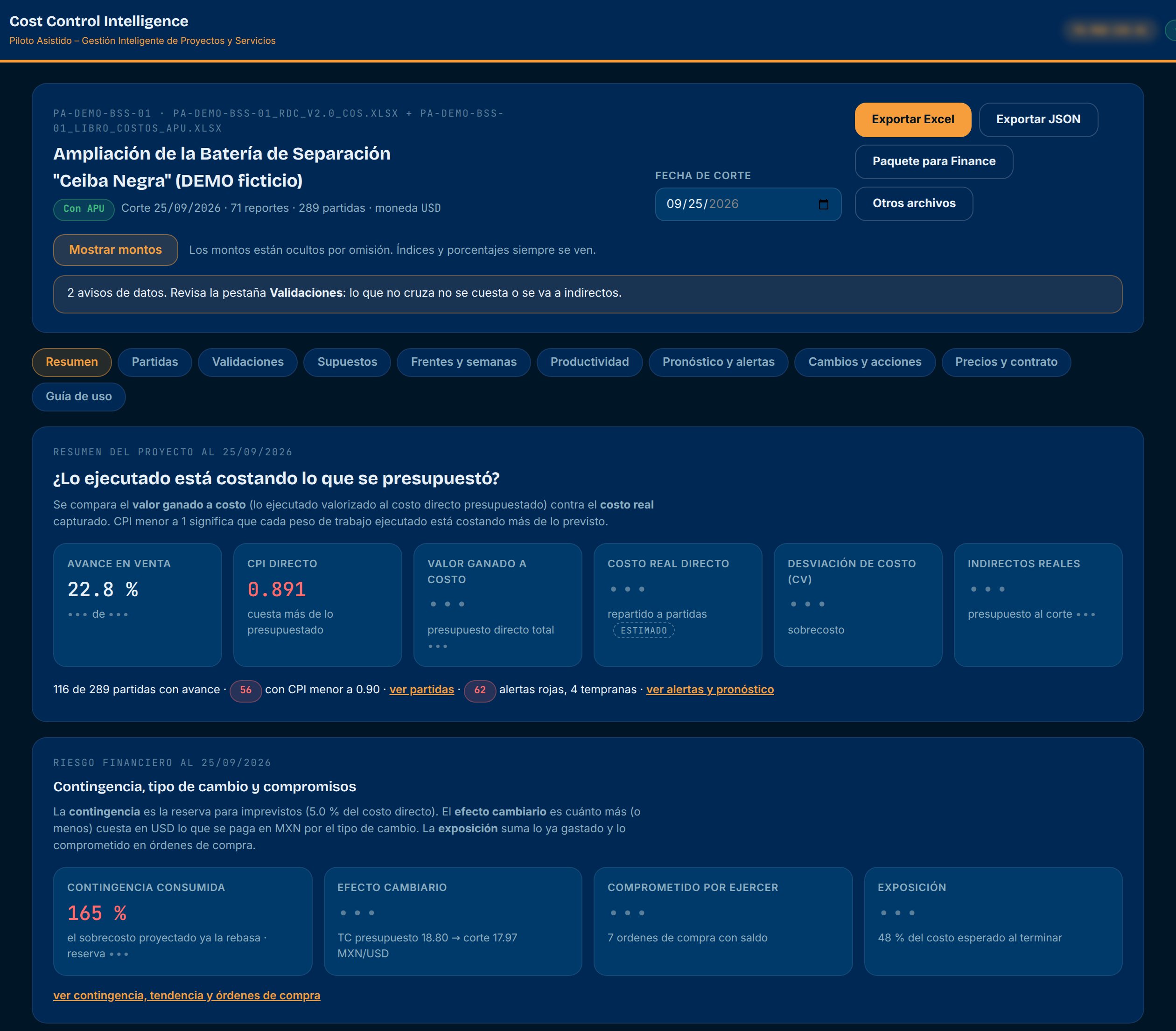 Resumen de costo de un proyecto de demostración: avance en venta, CPI, valor ganado a costo y desviación, con montos ocultos