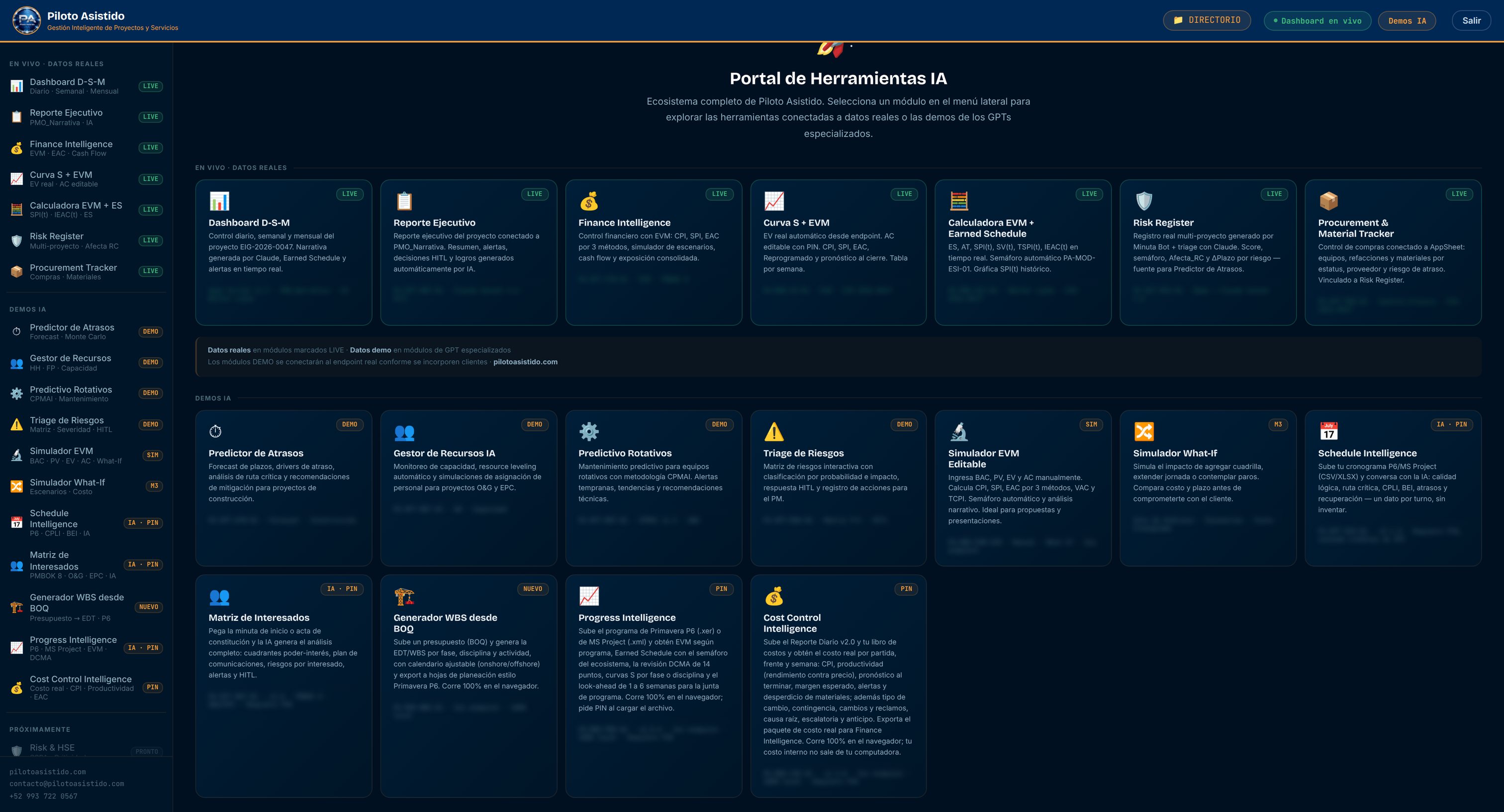 Portal de Herramientas IA de Piloto Asistido con módulos en vivo y demos IA